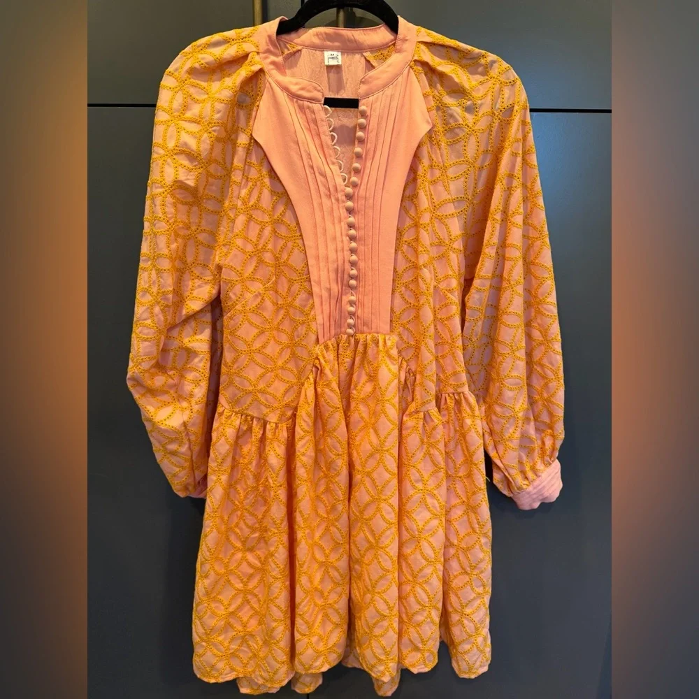 Pink & Orange Embroidered Boho Mini Dress | Anthropologie Style | Size M - Picture 2 of 4